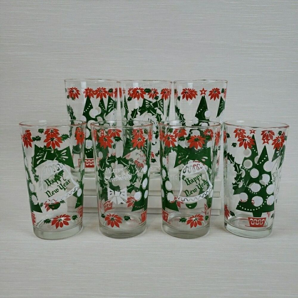 Vintage 7 Merry Christmas Happy New Year Cups Tumblers Continental Glass MCM